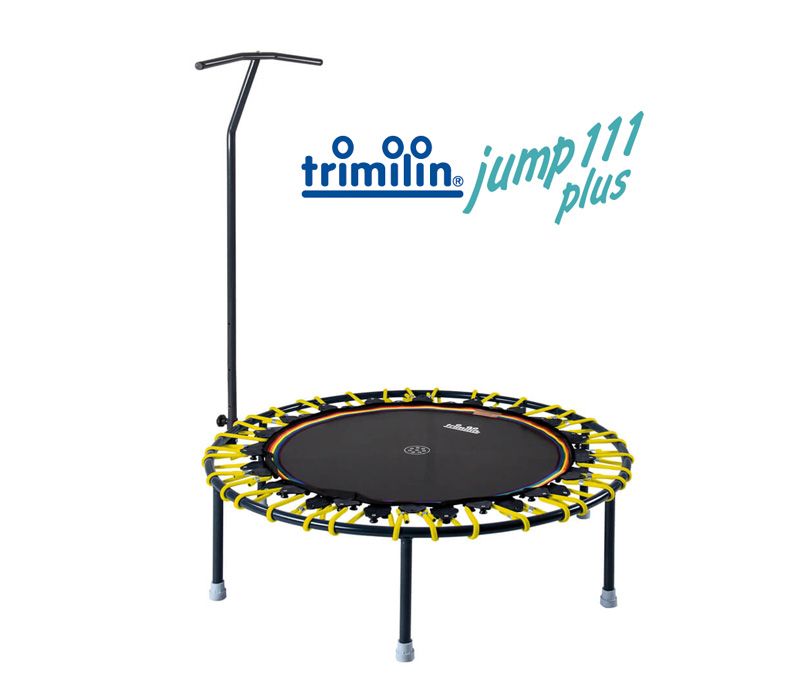 Minitrampolin trimilin-jump 111 plus mit Haltestange. Mit PLUS-Klappbeinen. Mit gelben Vario-Gummikabeln.
